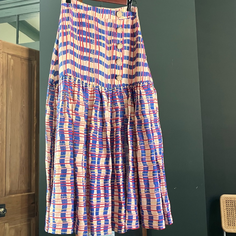 Rare Mehtap Elaidi Statement Linen Skirt High Slit Plaid Designer US Size 4
